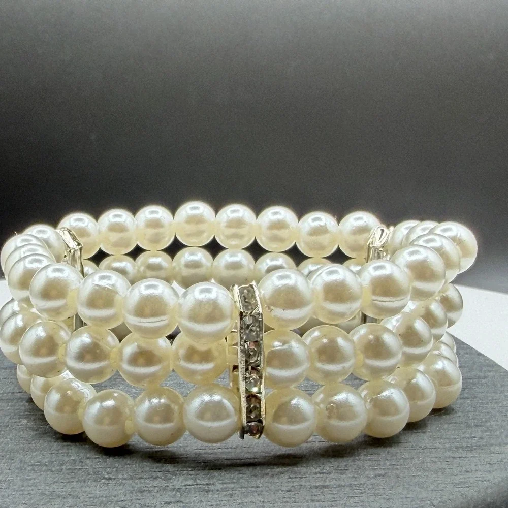 Three Strand Faux Pearl Rhinestone Stretch Bracelet Cuff Cream Statement Jewelry